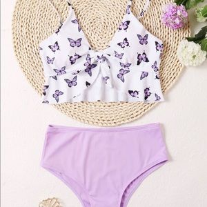 Butterfly Print Ruffle Hem Bikini Swimsuit